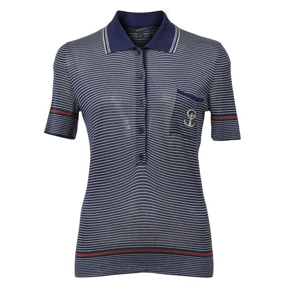 Gucci Striped Knit Polo Shirt in Navy Blue Silk - Picture 1 of 6